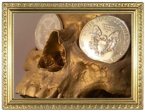 Cráneo con dos monedas en las cuencas